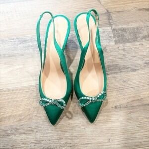 J.Crew Green Satin Crystal Bow Slingback Pumps Kitten Heels Made in Italy 8